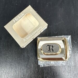Vintage Hickok R Initial Belt Buckle Gold Tone USA 1960s NOS